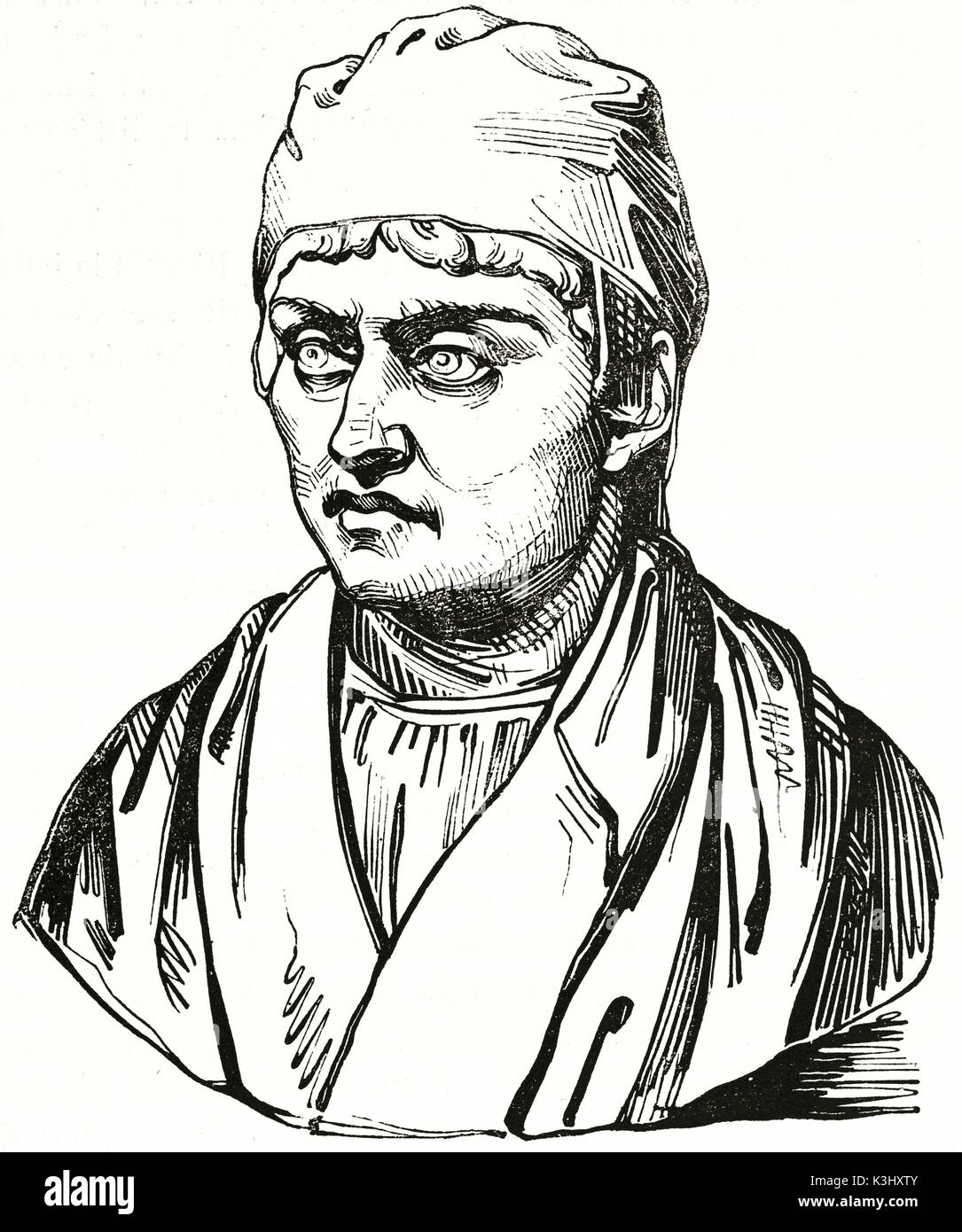 Old engraved reproduction of a bust portraying Jean Froissart (1337 – 1405), French historian. After Auvray, published on Magasin Pittoresque, Paris, 1838 Stock Photo