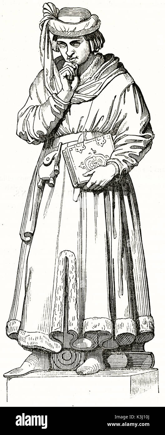 Old engraved reproduction of a statue portraying Jean Jouvenel des Ursins (ca. 1360 – 1431), Frenchjurist. After Dantan, published on Magasin Pittoresque, Paris, 1838 Stock Photo