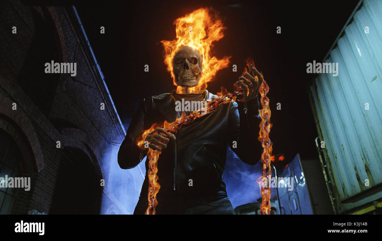 GR-859  At night, in the presence of evil, die-hard stunt rider Johnny Blaze becomes the Ghost Rider , a bounty hunter of rogue demons. Photo By: Courtesy of Sony Pictures Imageworks GHOST RIDER NICOLAS CAGE At night, in the presence of evil, die-hard stunt rider Johnny Blaze becomes the Ghost Rider (pictured), a bounty hunter of rogue demons GR-859  At night, in the presence of evil, die-hard stunt rider Johnny Blaze becomes the Ghost Rider (pictured), a bounty hunter of rogue demons. Pho     Date: 2007 Stock Photo