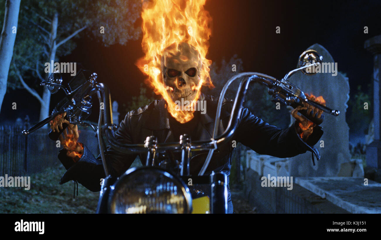 GR-787  At night, in the presence of evil, die-hard stunt rider Johnny Blaze becomes the Ghost Rider , a bounty hunter of rogue demons. Photo By: Courtesy of Sony Pictures Imageworks GHOST RIDER NICOLAS CAGE At night, in the presence of evil, die-hard stunt rider Johnny Blaze becomes the Ghost Rider, a bounty hunter of rogue demons GR-787  At night, in the presence of evil, die-hard stunt rider Johnny Blaze becomes the Ghost Rider (pictured), a bounty hunter of rogue demons. Photo By: Court     Date: 2007 Stock Photo