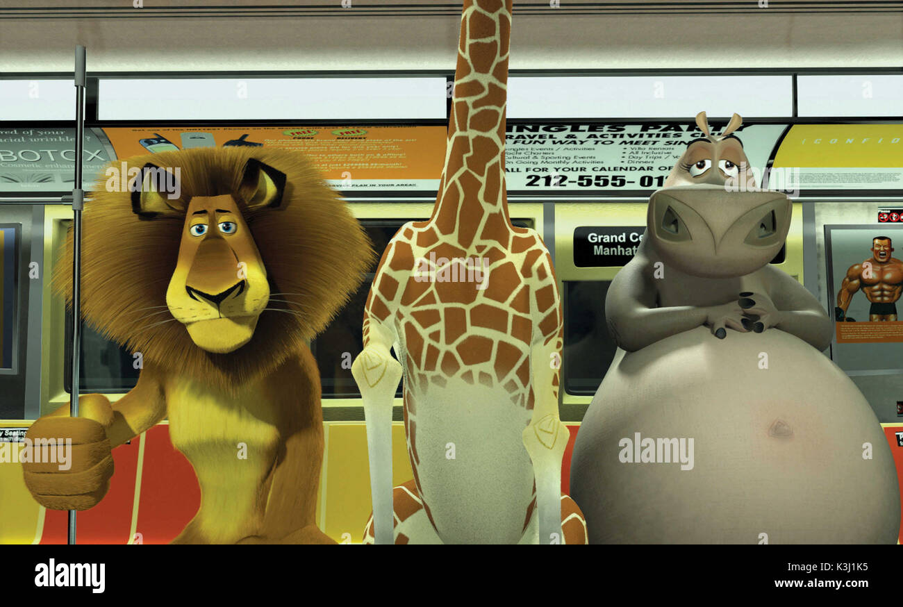 MADAGASCAR  Pictured: Alex the Lion (BEN STILLER), Melman the Giraffe (DAVID SCHWIMMER) and Gloria the Hippo (JADA PINKETT SMITH) have a hard time passing as any other commuter on the New York subway in DreamWorks Animation's computer-animated comedy MADAGASCAR.    MADAGASCAR [US 2005]  Alex the Lion (BEN STILLER), Melman the Giraffe (DAVID SCHWIMMER) and Gloria the Hippo (JADA PINKETT SMITH) have a hard time passing as any other commuter on the New York subway Stock Photo