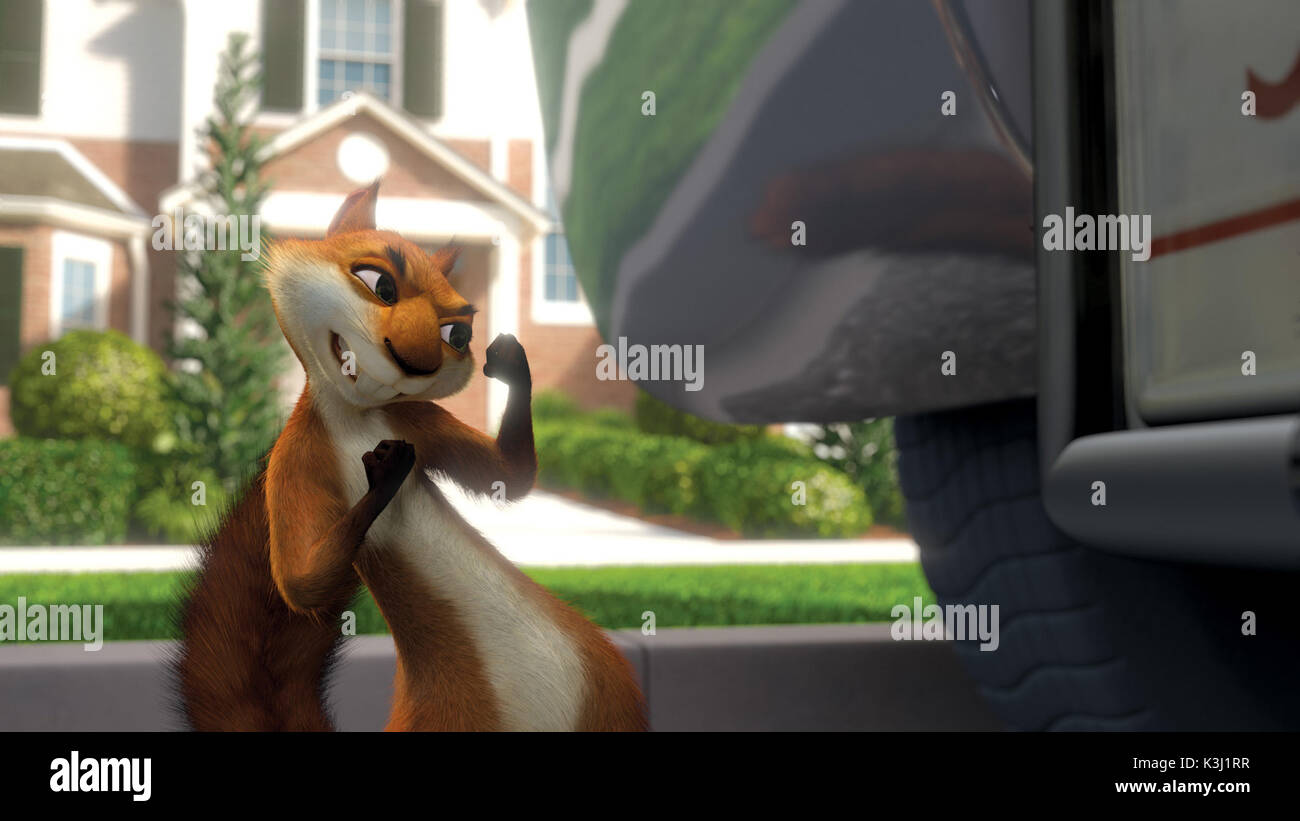 Hammy challenges what he thinks is another squirrel in DreamWorks Animation?s comedy OVER THE HEDGE. OVER THE HEDGE Hammy challenges what he thinks is another squirrel     Date: 2006 Stock Photo