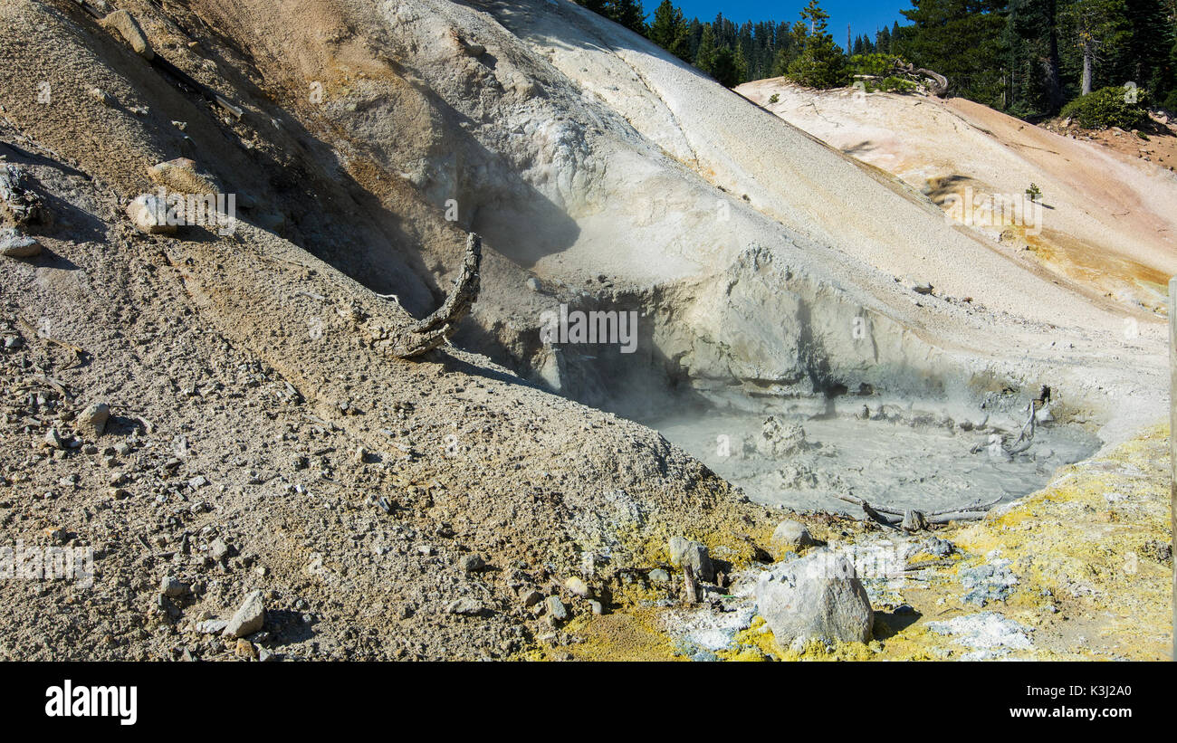 Sulphur works boiling mudpot, Lassen Volcanic National Park, USA. This is one of the hydrothermal tourist spots in the park, along the main park road, Stock Photo