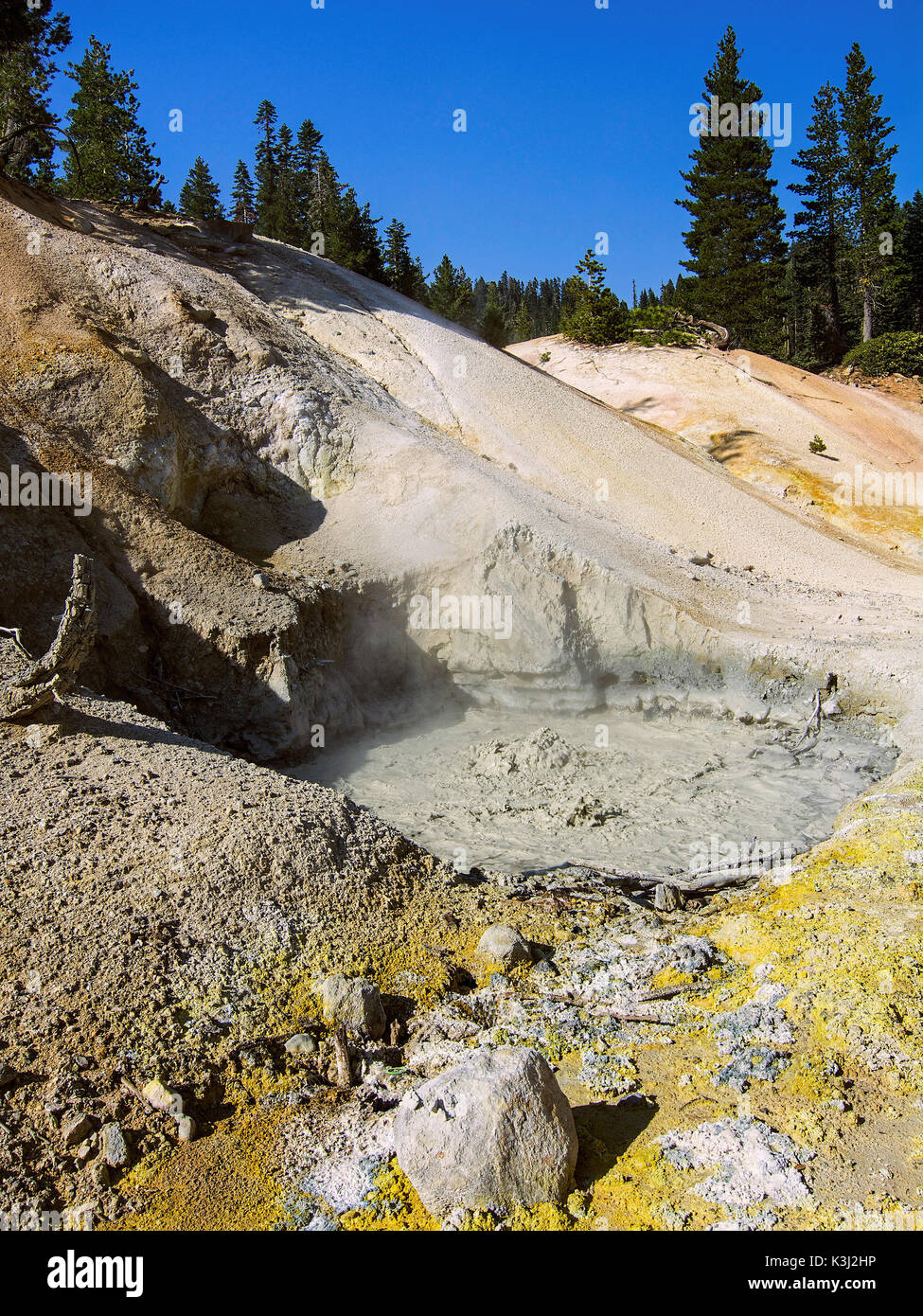 Sulphur works boiling mudpot, Lassen Volcanic National Park. This is one of the hydrothermal tourist spots in the park, along the main park road, easy Stock Photo