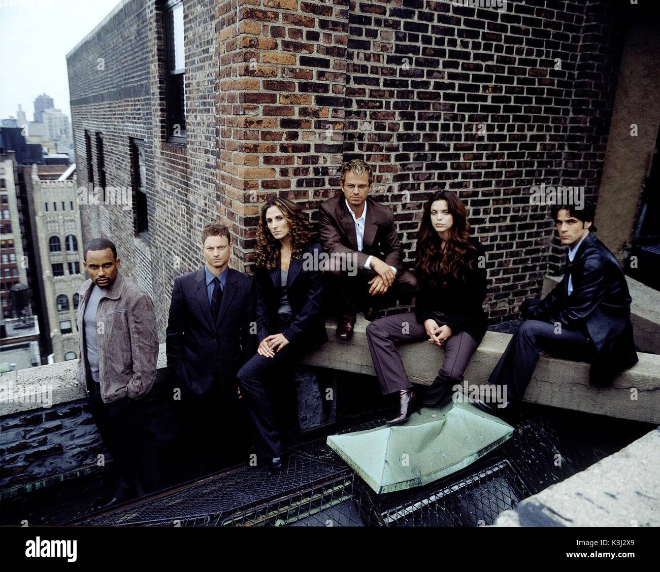 (L-R) HILL HARPER, GARY SINISE, MELINA KANAKAREDES, CAEMINE GIOVINAZZO, VENESSA FERLITO and EDDIE CAHILL. Licensed by CHANNEL 5 BROADCASTING. Five Stills: 0207 550 5509. Free for editorial press and listings use in connection with the current broadcast of Channel 5 programmes only. This Image may only be reproduced with the prior written consent of Channel 5. Not for any form of advertising, internet use or in connection with the sale of any product. CSI: NY aka CSI: NEW YORK HILL HARPER as Dr. Sheldon Hawkes, GARY SINESE as Det. Mac Taylor, MELINA KANAKAREDES as Det. Stella Bonasera, CARMINE Stock Photo
