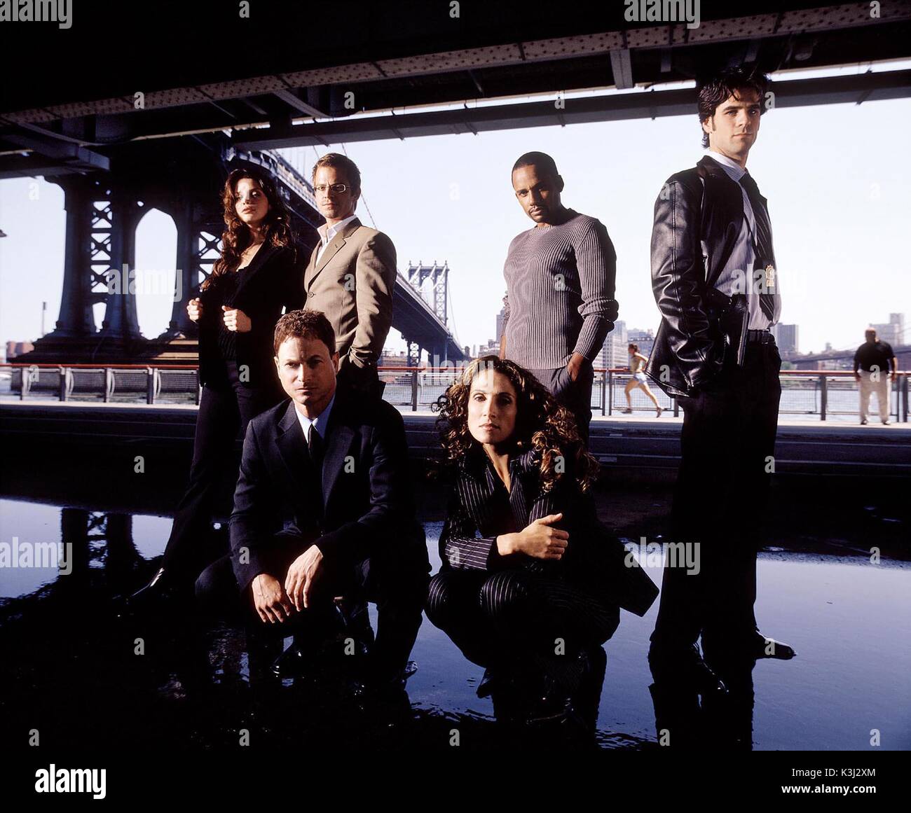 (Back, L-R) VENESSA FERLITO, CARMINE GIOVINAZZO, HILL HARPER, and EDDIE CAHILL. (Front, L-R) GARY SINISE and MELINA KANAKAREDES. Licensed by CHANNEL 5 BROADCASTING. Five Stills: 0207 550 5509. Free for editorial press and listings use in connection with the current broadcast of Channel 5 programmes only. This Image may only be reproduced with the prior written consent of Channel 5. Not for any form of advertising, internet use or in connection with the sale of any product. CSI: NY aka CSI: NEW YORK VANESSA FERLITO as Det. Aiden Burn, CARMINE GIOVINAZZO as Det. Danny Messer, HILL HARPER as Dr. Stock Photo