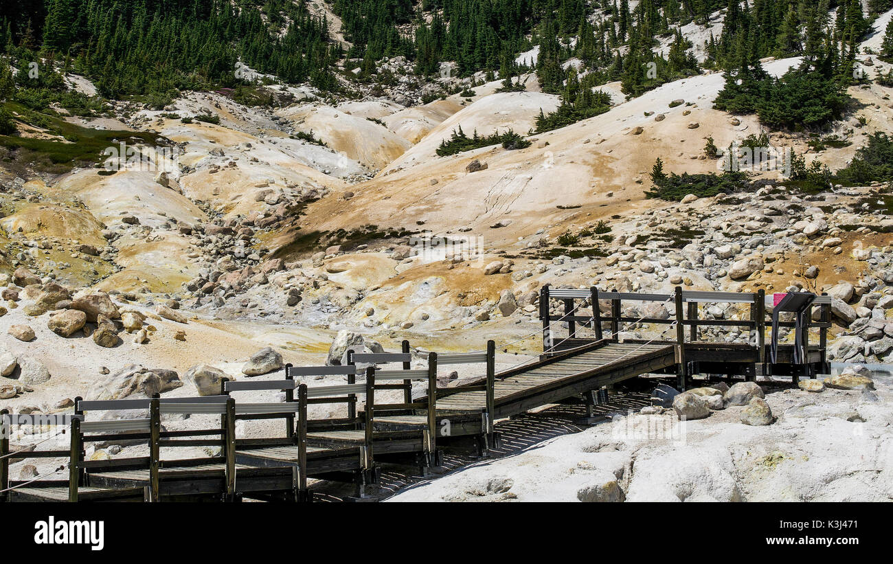 Boardwalk at Bumpass Hell, Lassen Volcanic National Park, USA. This is the largest hydrothermal area in the park, and the main area of upflow of steam Stock Photo