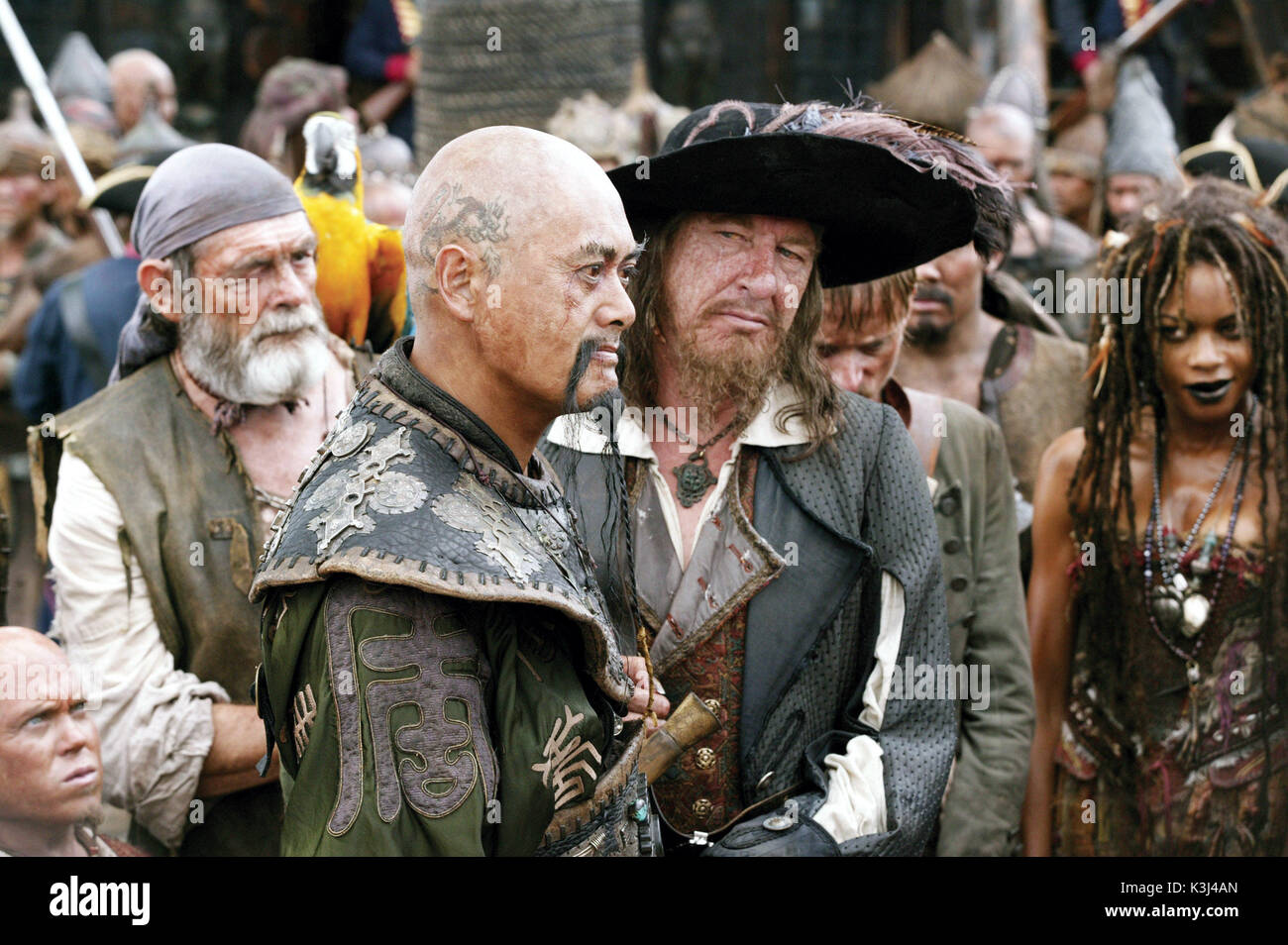 Pictured L-R: Cotton (DAVID BAILIE), Chinese Pirate Sao Feng (CHOW  YUN-FAT), Captain Barbossa (GEOFFREY RUSH), and Tia Dalma (NAOMIE HARRIS)  in a scene from PIRATES OF THE CARIBBEAN: AT WORLD'S END, directed