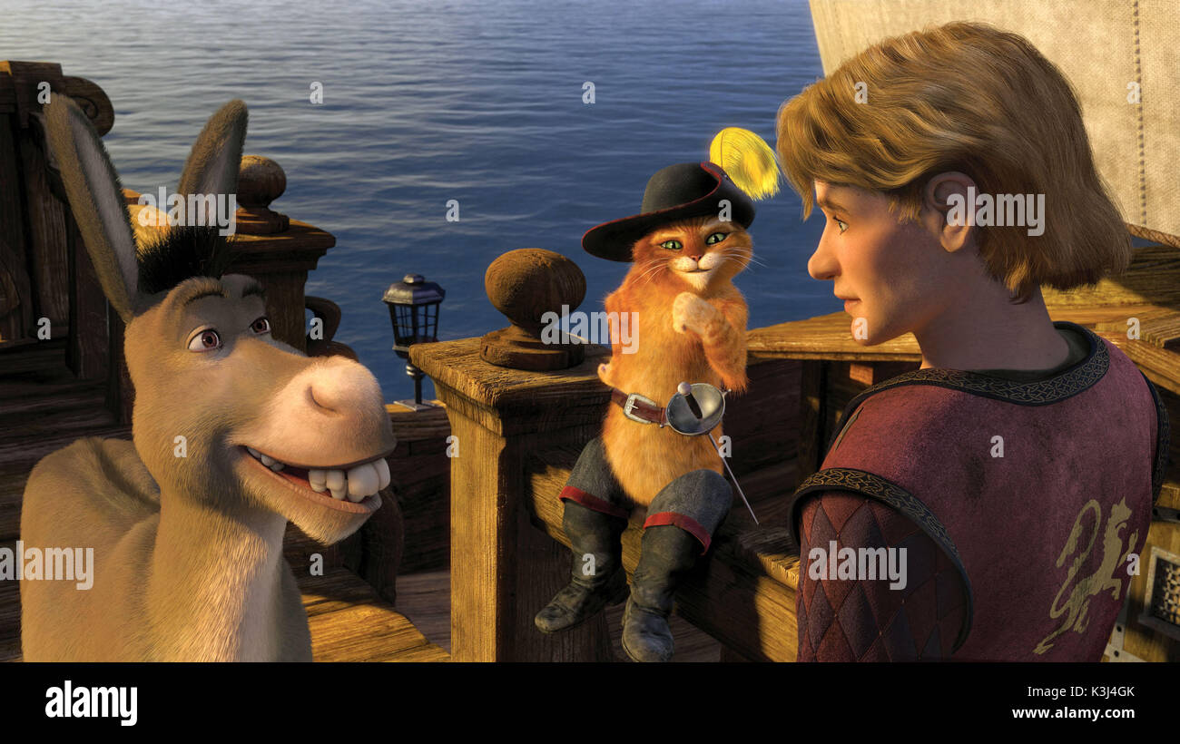Donkey and Puss In Boots (ANTONIO BANDERAS) set sail with Artie (JUSTIN TIMBERLAKE) in DreamWorks ?Shrek the Third,? to be released by Paramount Pictures in May 2007. DreamWorks Animation S.K.G. Presents a PDI/DreamWorks Production, DreamWorks ?Shrek the Third.? Directed by Chris Miller, the film features the voice talents of Mike Myers, Eddie Murphy, Cameron Diaz, Antonio Banderas, Rupert Everett, Ju     Date: 2007 Stock Photo