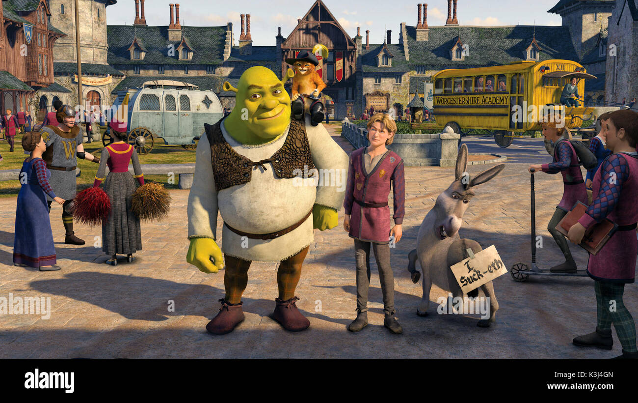 Shrek , Puss In Boots (ANTONIO BANDERAS) and Donkey (EDDIE MURPHY) are on a hero?s quest to find a new King for Far Far Away, as long as that King does not turn out to be Shrek. The trail leads them to visit with Fiona?s 16-year-old underachiever cousin Artie (JUSTIN TIMBERLAKE)?otherwise known as Arthur Pendragon, a student at a Medieval high school?in DreamWorks? SHREK THE THIRD, to be released by Pa Stock Photo