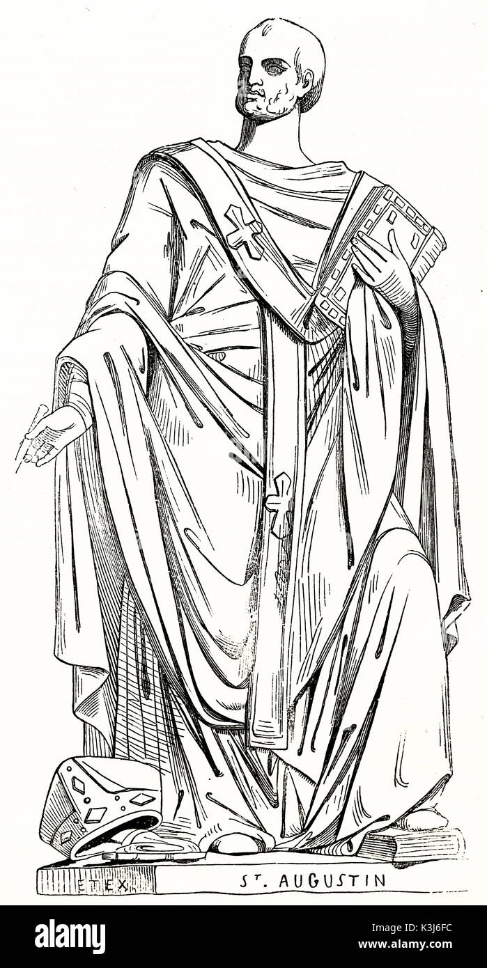 Old engraved reproduction of a statue portraying Saint Augustine of Hippo (354 – 430), Christian theologian and philosopher. After Etex, published on Magasin Pittoresque, Paris, 1838 Stock Photo