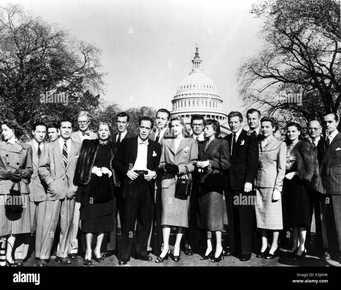 'COMMITTEE FOR THE FIRST AMENDMENT' in Washington DC October, 1947  [?], [?], [?], RICHARD CONTE, PHILIP DUNNE, JUNE HAVOC, JOHN HUSTON, HUMPHREY BOGART, PAUL HENREID, LAUREN BACALL, [?], EVELYN KEYES, DANNY KAYE, SHEPPERD STRUDWICK, JANE WYATT, GERADINE BROOKS, [?], LARRY ADLER Stock Photo