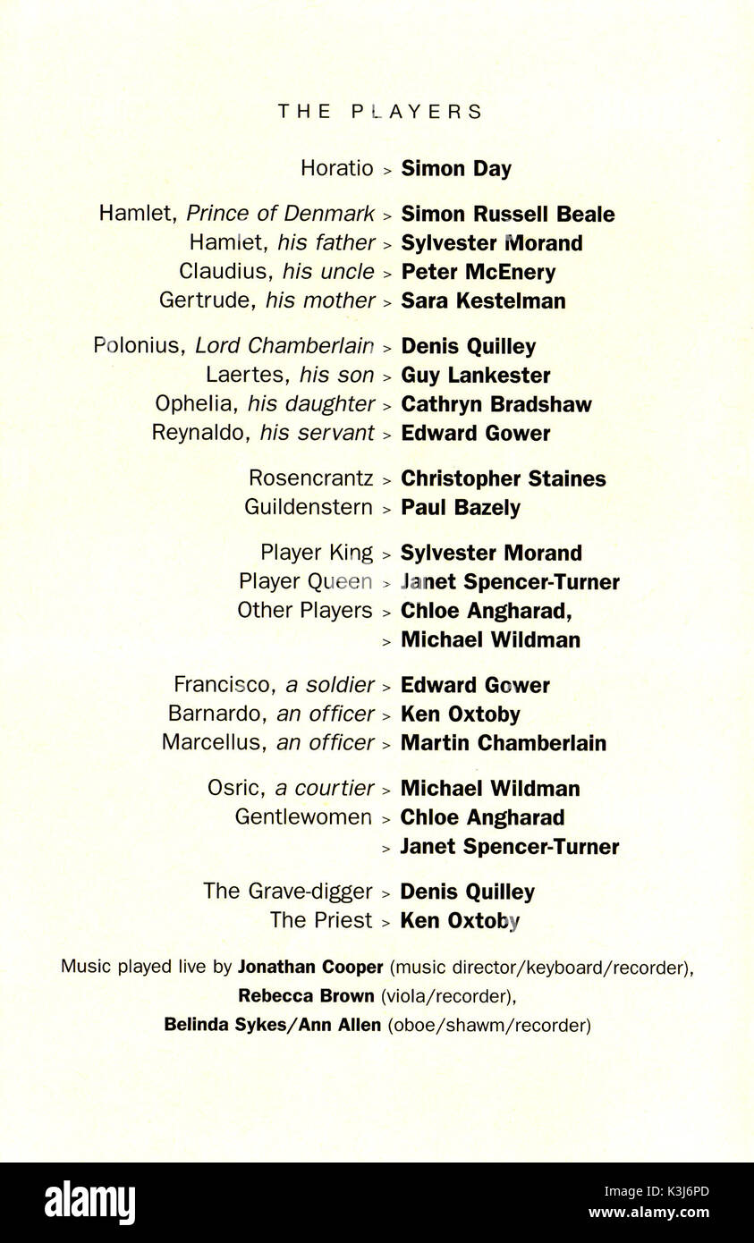 HAMLET First performed in the Lyttleton Theatre from 15 July 2000. Starring Simon Russell Beale as Hamlet, Peter McEnery as Claudius, Sara Kestelman as Gertrude     Date: 2000 Stock Photo