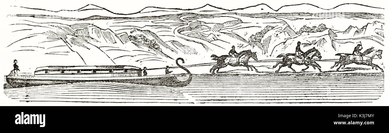 Old illustration of a boat towed by horses. By unidentified author ...