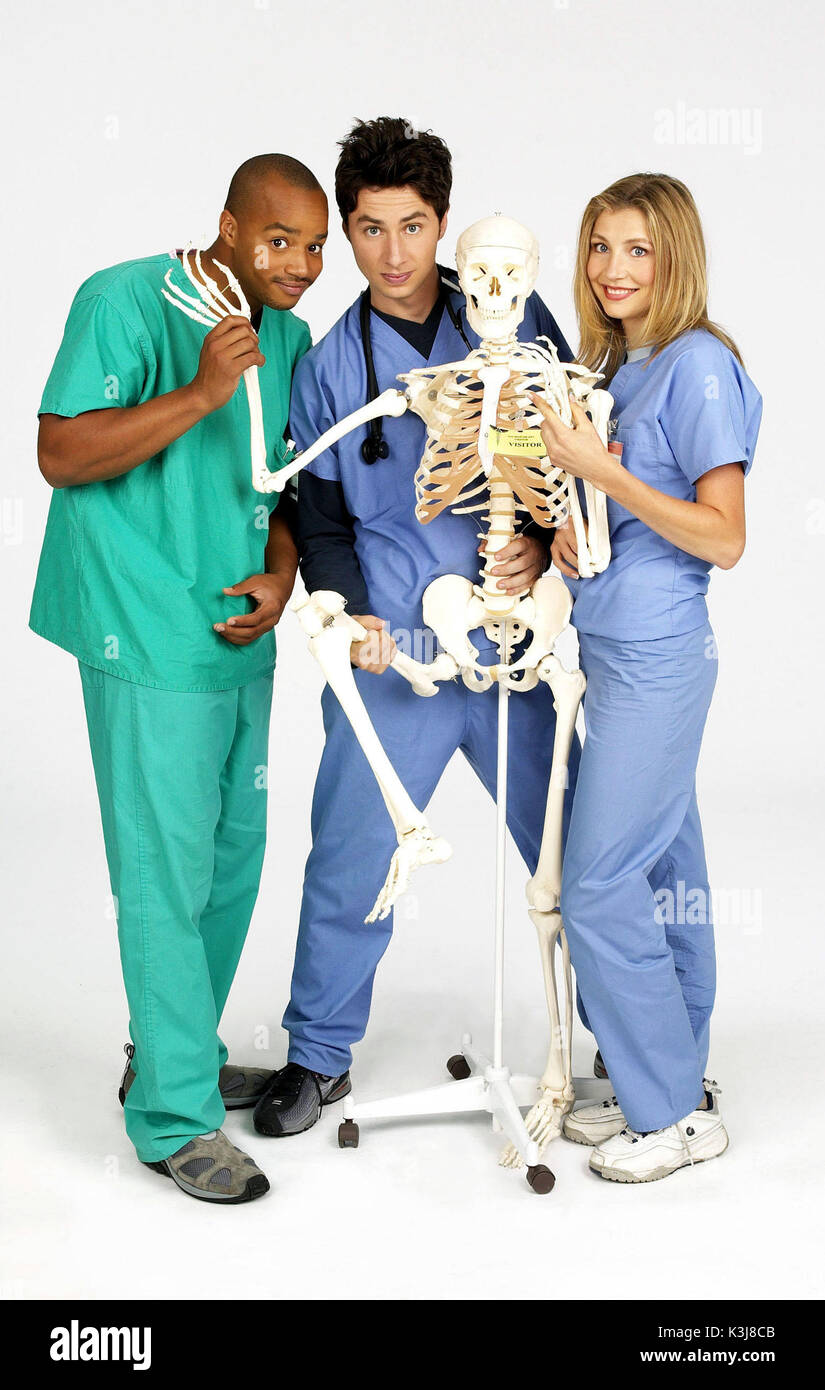 SCRUBS [US TV SERIES 2001 -  ]  Series#1  [L-R] ZACH BRAFF as Dr. J.D. Dorian,  SARAH CHALKE as Dr. Elliot Reid,  KEN JENKINS as Dr.Bob Kelso,  DONALD FAISON as Dr. Chris Turk,  JOHN C. MCGINLEY as Dr. Perry Cox,   JUDY REYES as Nurse Carla Espinosa         SCRUBS [US TV SERIES 2001 -  ]  Series#1  [L-R] DONALD FAISON as Dr. Chris Turk,  ZACH BRAFF as Dr. John 'J.D.' Dorian,  SARAH CHALKE as Dr. Elliot Reid Stock Photo