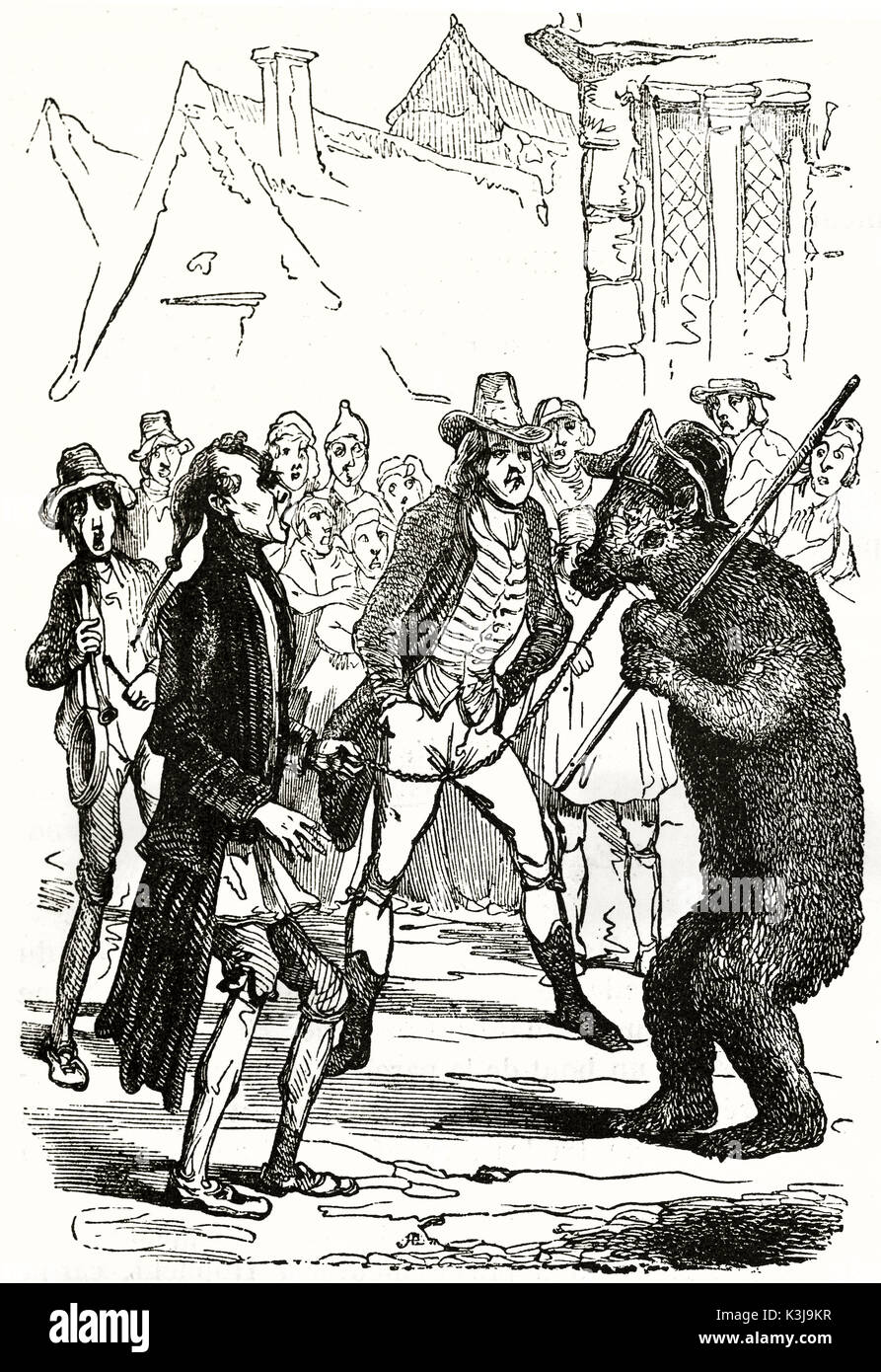 Old caricatural illustration of the ventriloquist bear. By unidentified