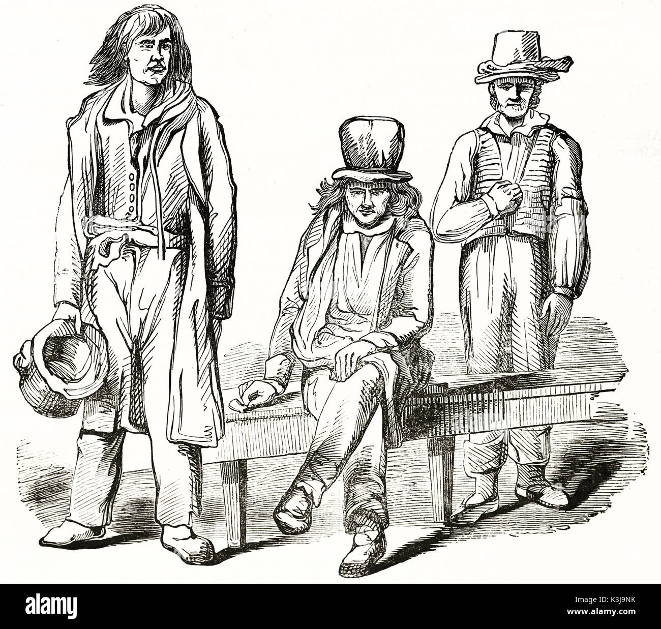 Old engraved reproduction of a sketch depicting Les Voyagers (French assistants to expeditions in Canada). After Hall, published on Magasin Pittoresque, Paris, 1838 Stock Photo