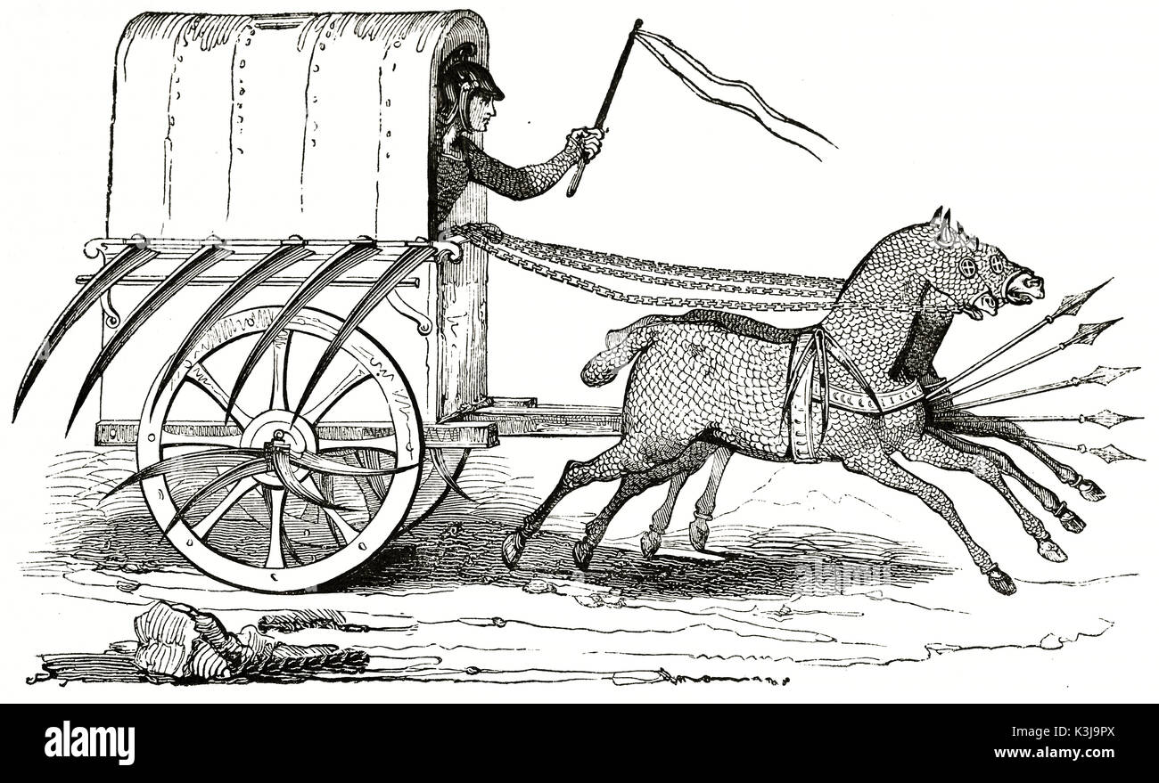 Old illustration of a war chariot. By unidentified author, published on Magasin Pittoresque, Paris, 1838 Stock Photo