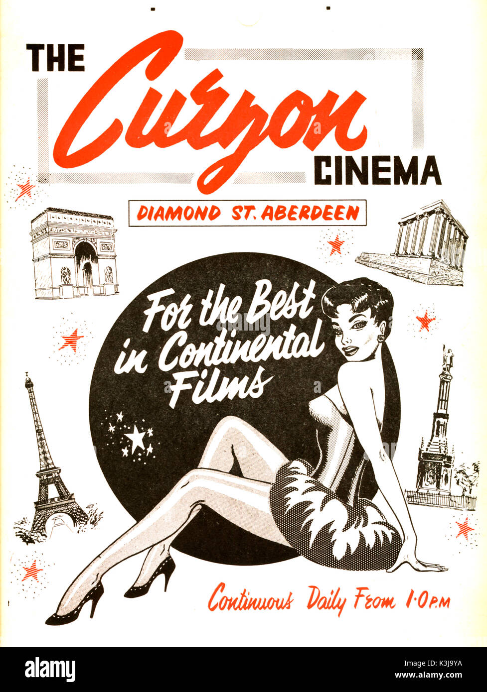 IN THE LATE 1950s AND THE 1960s MANY CINEMAS TRIED SWITCHING TO 'CONTINENTAL' FILMS HOPING THAT THE DECLINE IN ATTENDANCES MIGHT BE HALTED OR SLOWED BY THE PROMISE OF SEEING MORE SEXUALLY DARING MATERIAL.  THIS CINEMA IN ABERDEEN WAS OPENED IN 1936 AS THE NEWS CINEMA, SHOWING THE LATEST NEWS FILMS [NEWSREELS] PUNCTUATED WTH DOCUMENTARY, TRAVEL, COMEDY AND CARTOON SHORT FILMS AND CHANGED TO THE CURZON IN 1959. IN THE LATE 1950s AND THE 1960s MANY CINEMAS TRIED SWITCHING TO 'CONTINENTAL' FILMS HOPING THAT THE DECLINE IN ATTENDANCES MIGHT BE HALTED OR SLOWED BY THE PROMISE OF SEEING MORE SEXUALLY Stock Photo