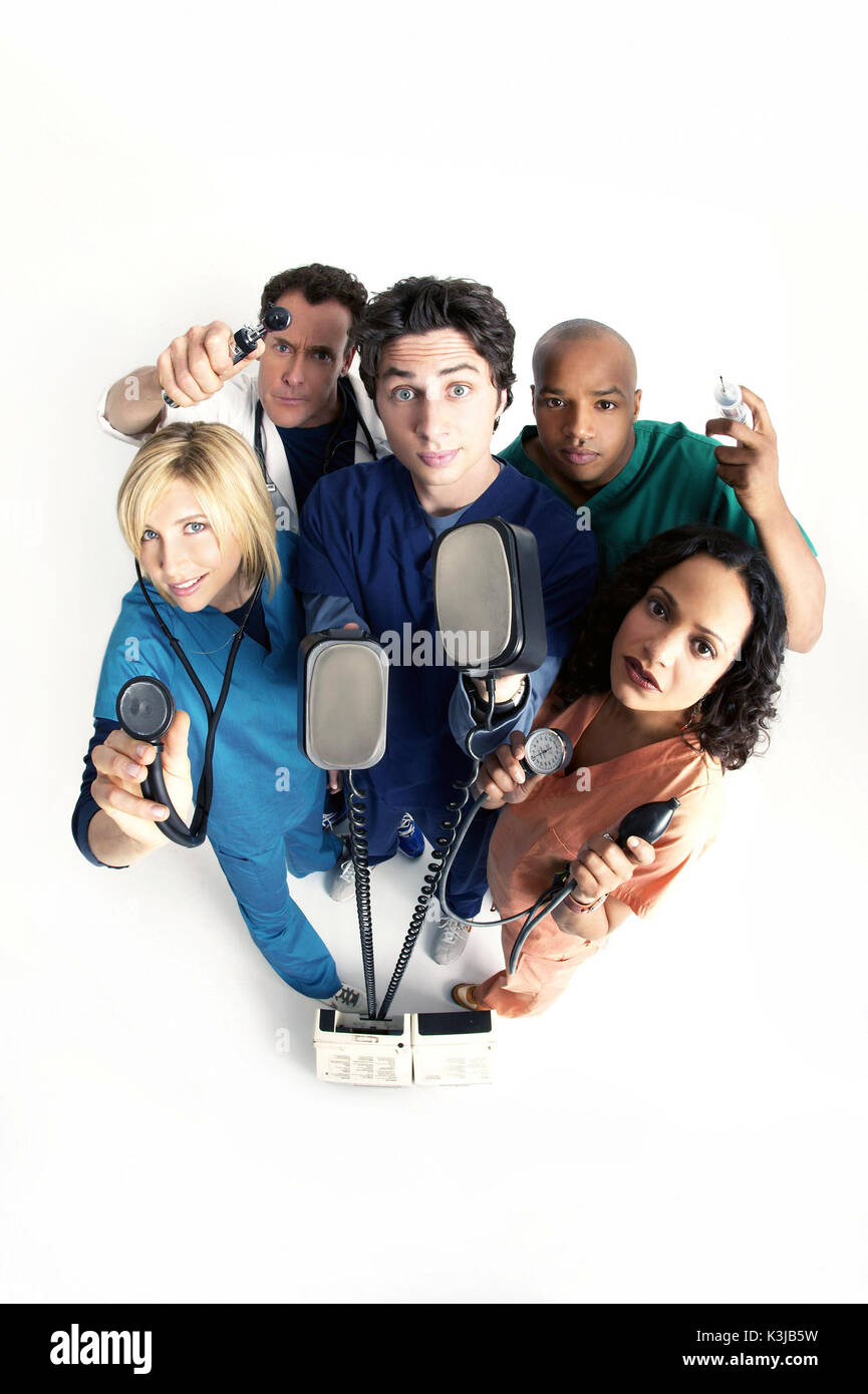 SCRUBS [US TV SERIES 2001 -  ] Series#4 [L-R] SARAH CHALKE as Dr. Elliot Reid, JOHN C. MCGINLEY as Dr. Perry Cox, ZACH BRAFF as Dr. John 'J.D.' Dorian, DONALD FAISON as Dr. Chris Turk, JUDY REYES as Nurse Carla Espinosa SCRUBS [US TV SERIES 2001 -  ]  Series#4  [L-R] SARAH CHALKE as Dr. Elliot Reid,  JOHN C. MCGINLEY as Dr. Perry Cox,  ZACH BRAFF as Dr. John 'J.D.' Dorian,  DONALD FAISON as Dr. Chris Turk,  JUDY REYES as Nurse Carla Espinosa Stock Photo