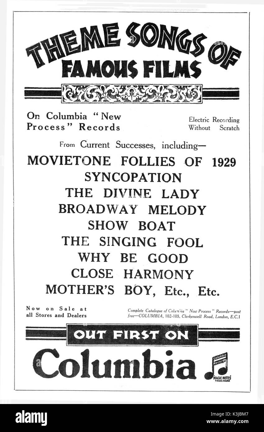 Although silent films had theme songs and music which were played during the screenings by the cinema orchestras or pianos, the arrival of sound films in the late 1920s boosted the gramophone record industry which issued records of the songs, from the first group of musical films as shown in this advertisement Stock Photo