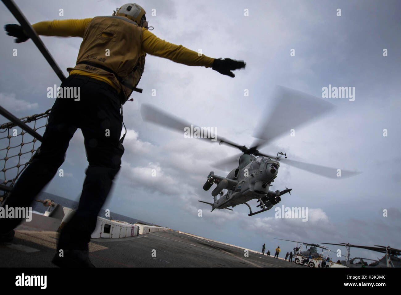 AH-1Z Viper Taking Off from Landing Helicopter Dock. Stock Photo