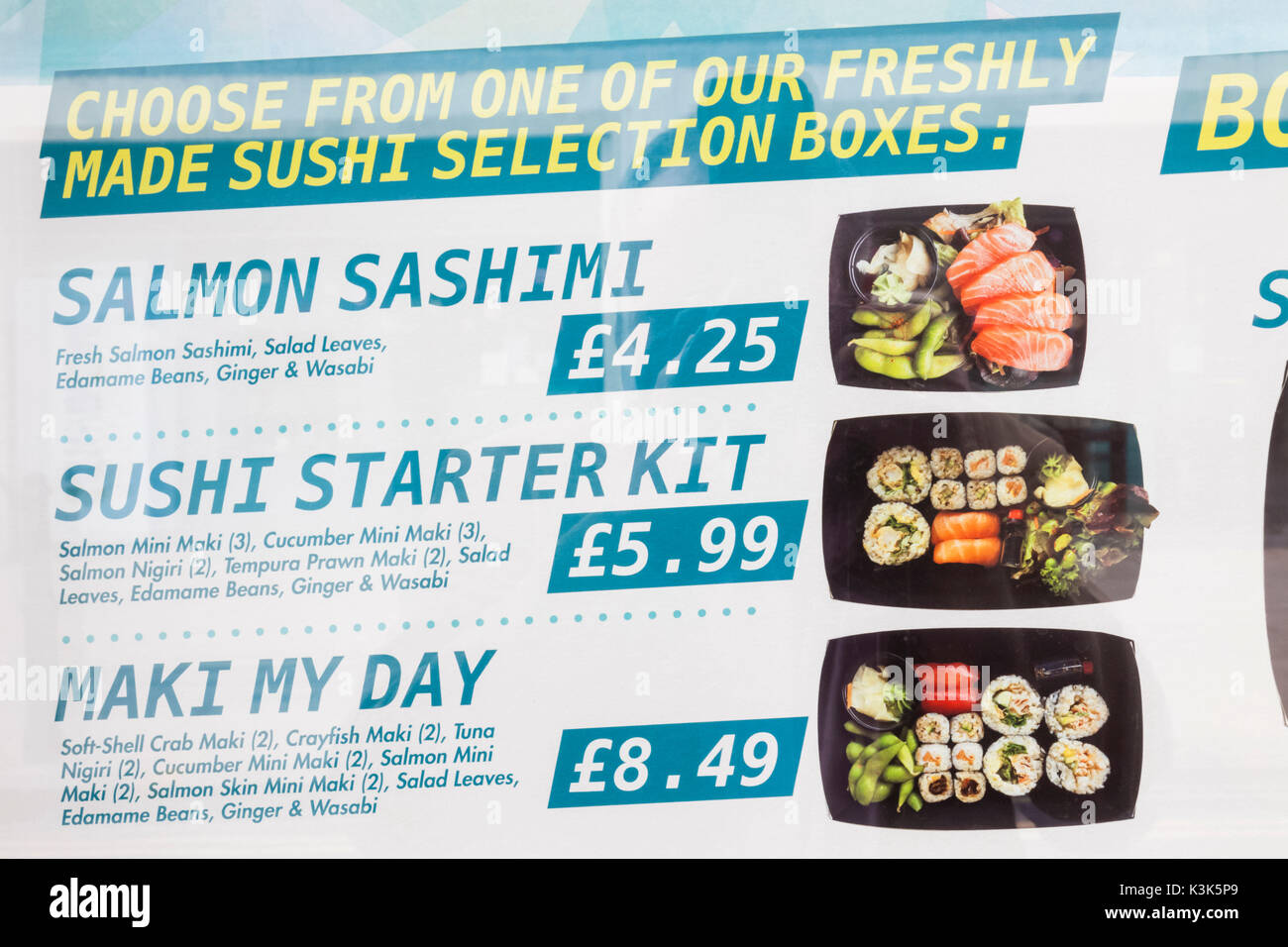 England, London, The City, Sushi Shop Take-away Menu Stock Photo