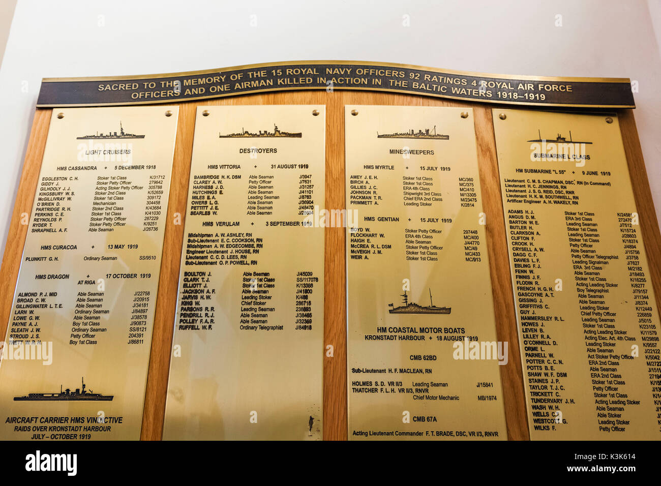 England, Hampshire, Portsmouth, Portsmouth Cathedral, Memorial Plaque to Members of The Armed Forces Killed in Action in The Baltic Waters 1918-1919 Stock Photo