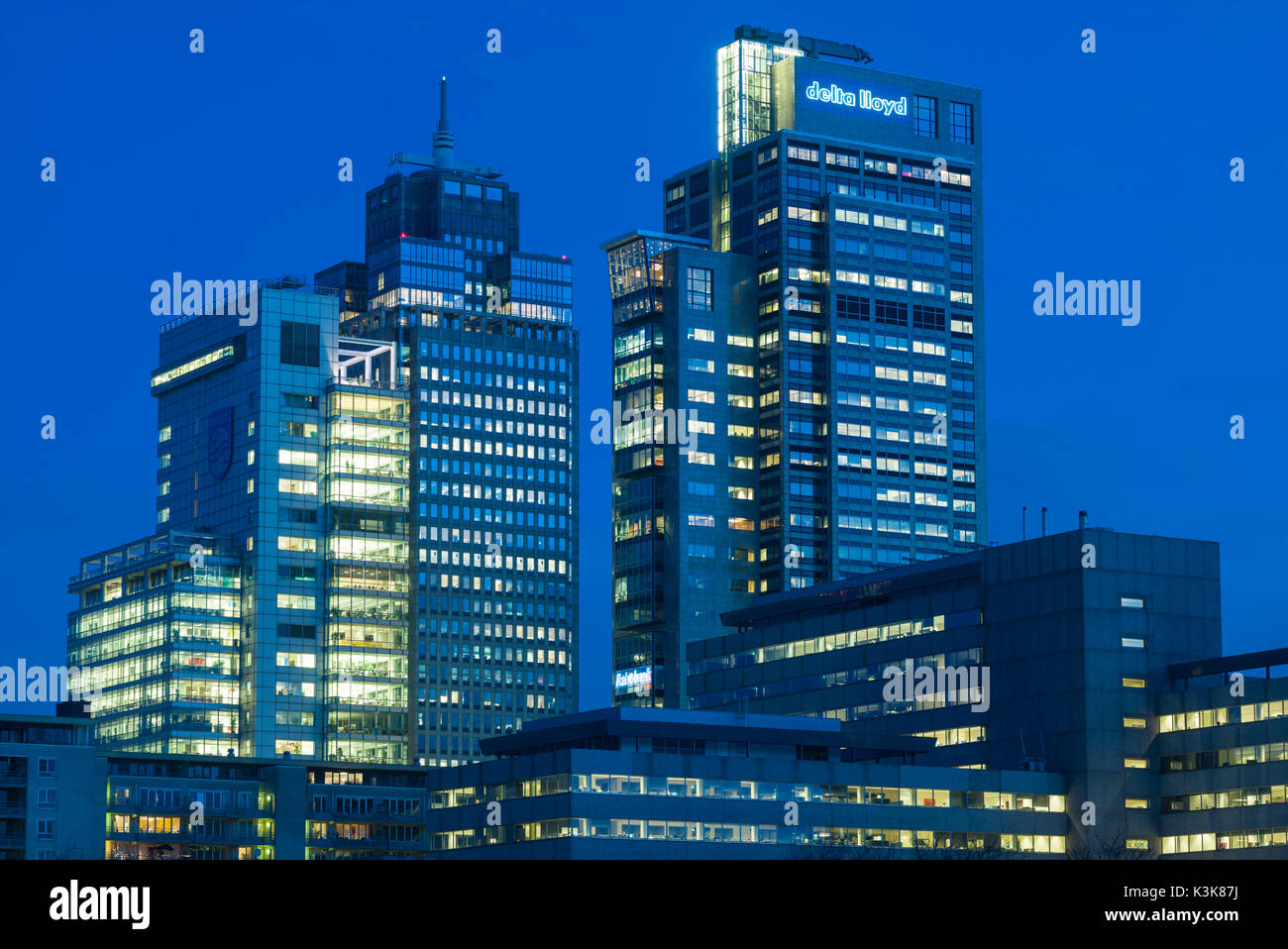 Netherlands, Amsterdam, Omval Commercial District, office towers, dawn Stock Photo