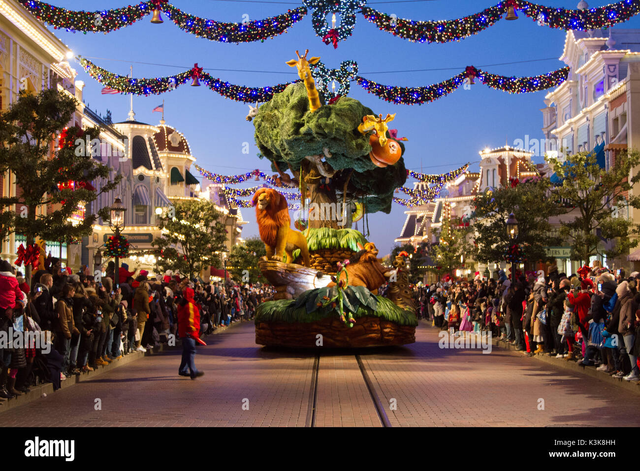 Disney's Christmas parade 'The lion king' at Disneyland Paris Marne La Vallee France Stock Photo