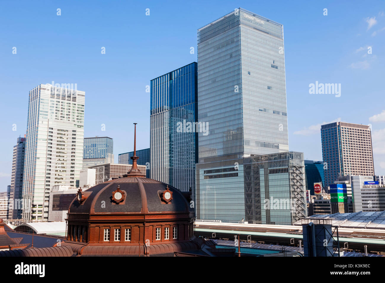 Japan, Hoshu, Tokyo, Marunouchi, Tokyo Station and Yaseu Area Skyline Stock Photo