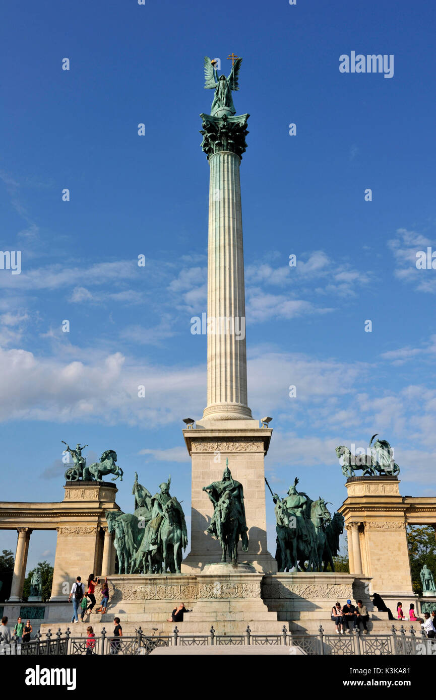 Hungary, Budapest, Heroes' Square (Hosok tere), listed as World Heritage by UNESCO, the Millennium Monument, the equestrian statue of King Arpad surrounded by his comrades in arms and the column of 36 metres high with the archangel Gabriel Stock Photo
