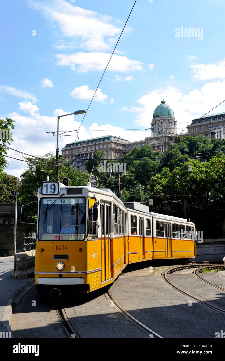 Hungary, Budapest, yellow tramways along the Danube riverbanks listed as World Heritage by UNESCO and the the Royal Palace at Buda Hill Stock Photo