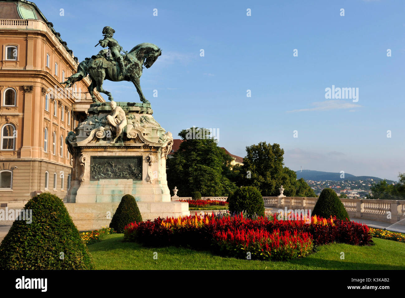 Hungary, Budapest, Buda, the Eugene of Savoy Statue in front of the Royal Palace on Castle Hill (or Buda hill) listed as World Heritage by UNESCO Stock Photo