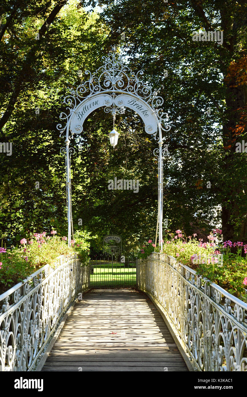 Germany, Baden-Wurttemberg, Black Forest (Schwarzwald), Baden-Baden, Lichtentaler Allee, Bellevue Bridge over River Oos Stock Photo