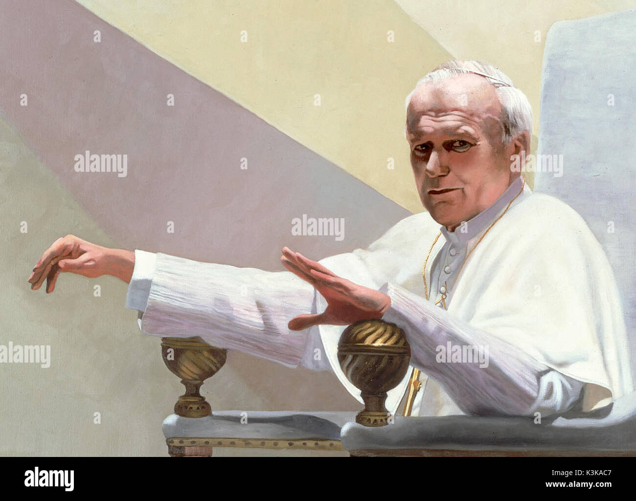 A detail of the 1983 official portrait of  Saint John Paul II, seated head turning towards the viewer,  commissioned by the Knights of Malta. Stock Photo