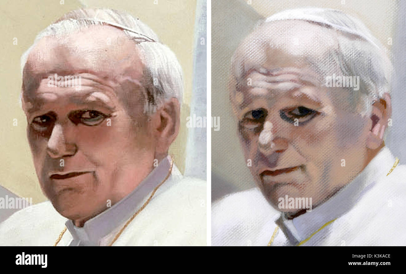 Details of the head of  John Paul II in the 1983 and 2004 versions of the official papal portrait. Stock Photo