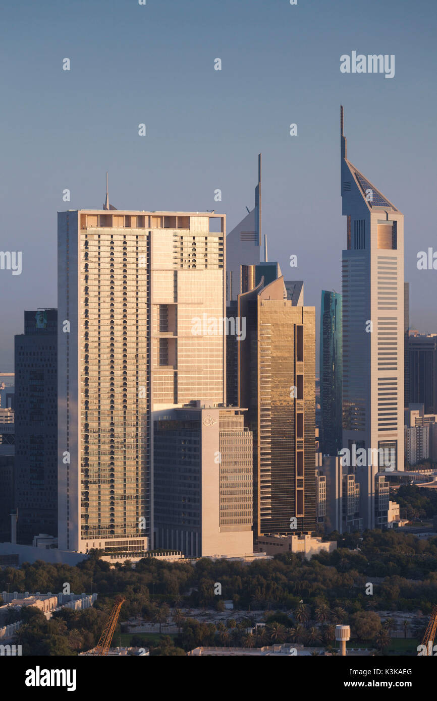 UAE, Dubai, Downtown Dubai, elevated view of skyscrapers on Sheikh Zayed Road from downtown, dawn Stock Photo