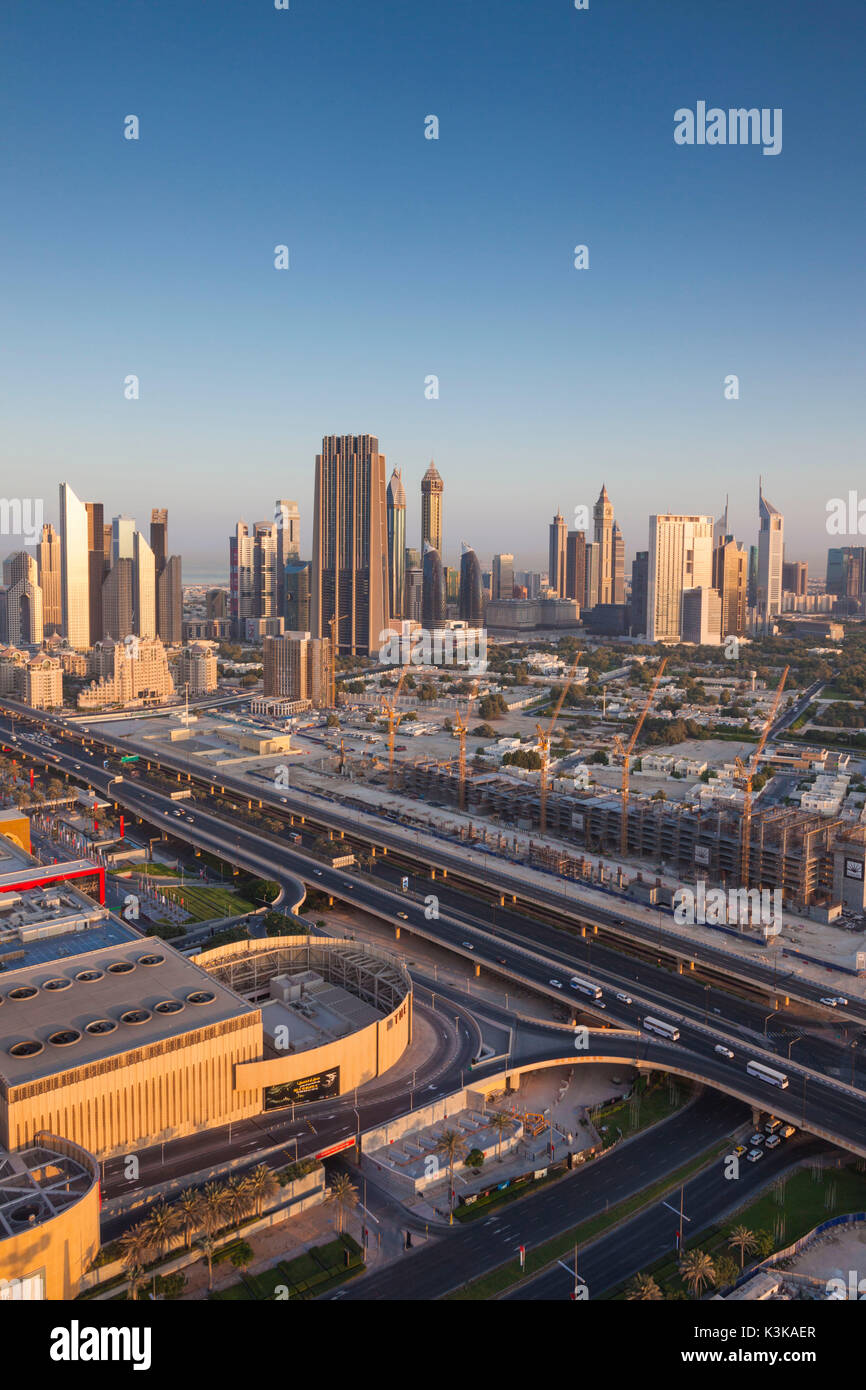 UAE, Dubai, Downtown Dubai, elevated view of skyscrapers on Sheikh Zayed Road from downtown, dawn Stock Photo