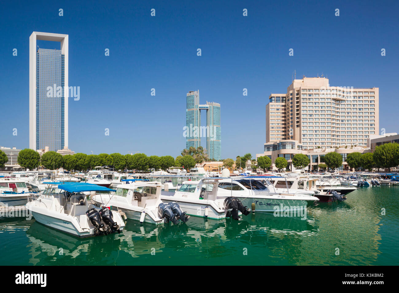 UAE, Abu Dhabi, ADNOC Tower, Nations Tower, and Intercontinental Hotel Stock Photo