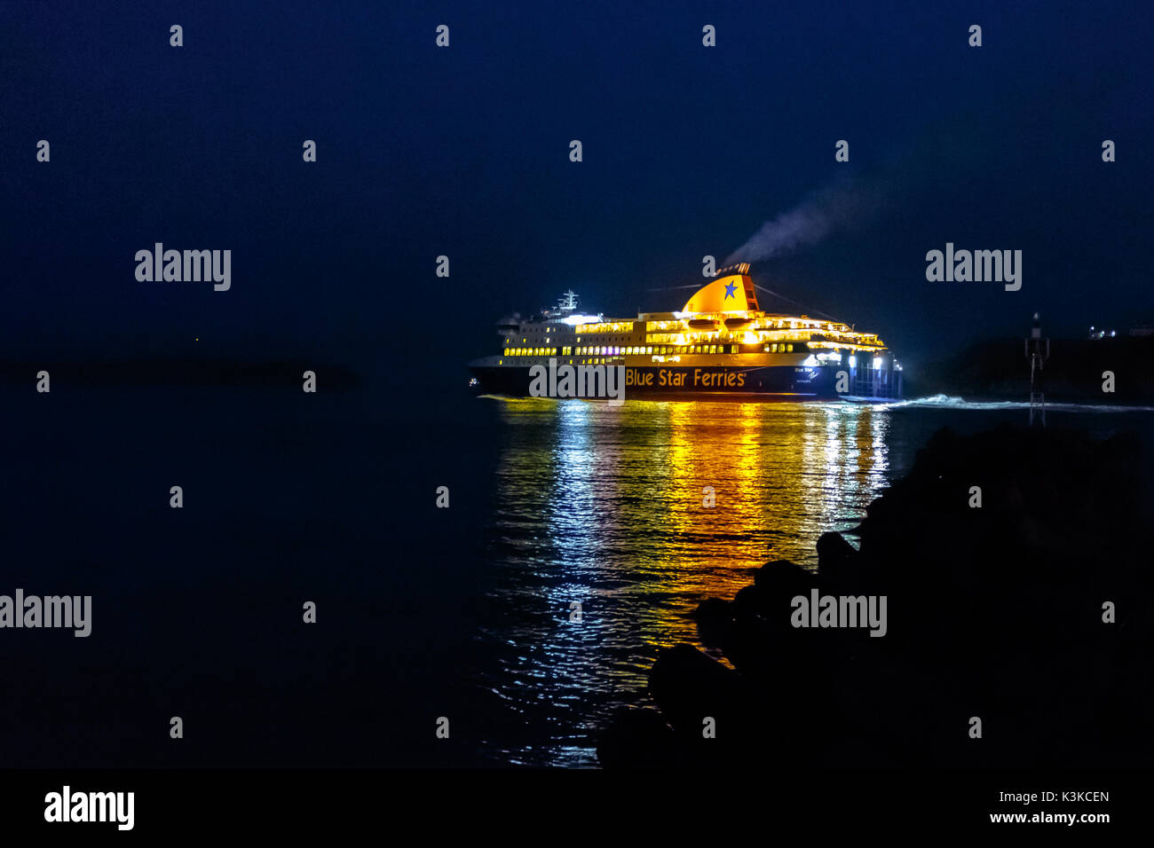 Blue Star Patmos ferry boat in one of its last journeys before hitting shallow ground and become immobilized near Ios, Greece at 30th August 2017. Stock Photo