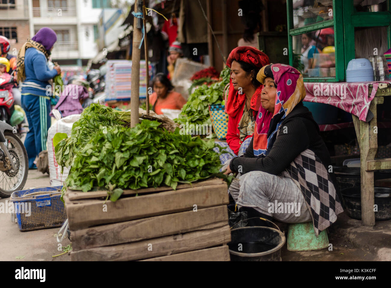 Two old market women in her vegetable stall, in traditional clothes of the Batak ethnic group. Recorded at the market in Berastagi on Sumatra, Indonesia. Stock Photo