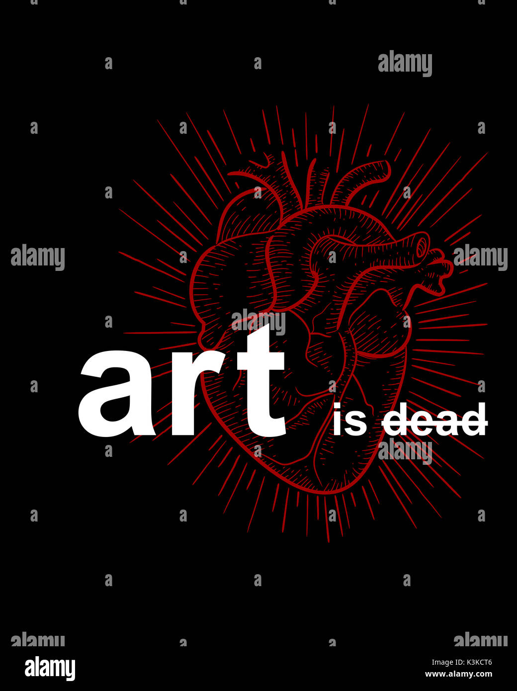 Hand drawn illustration or drawing of the phrase Art is dead and a red