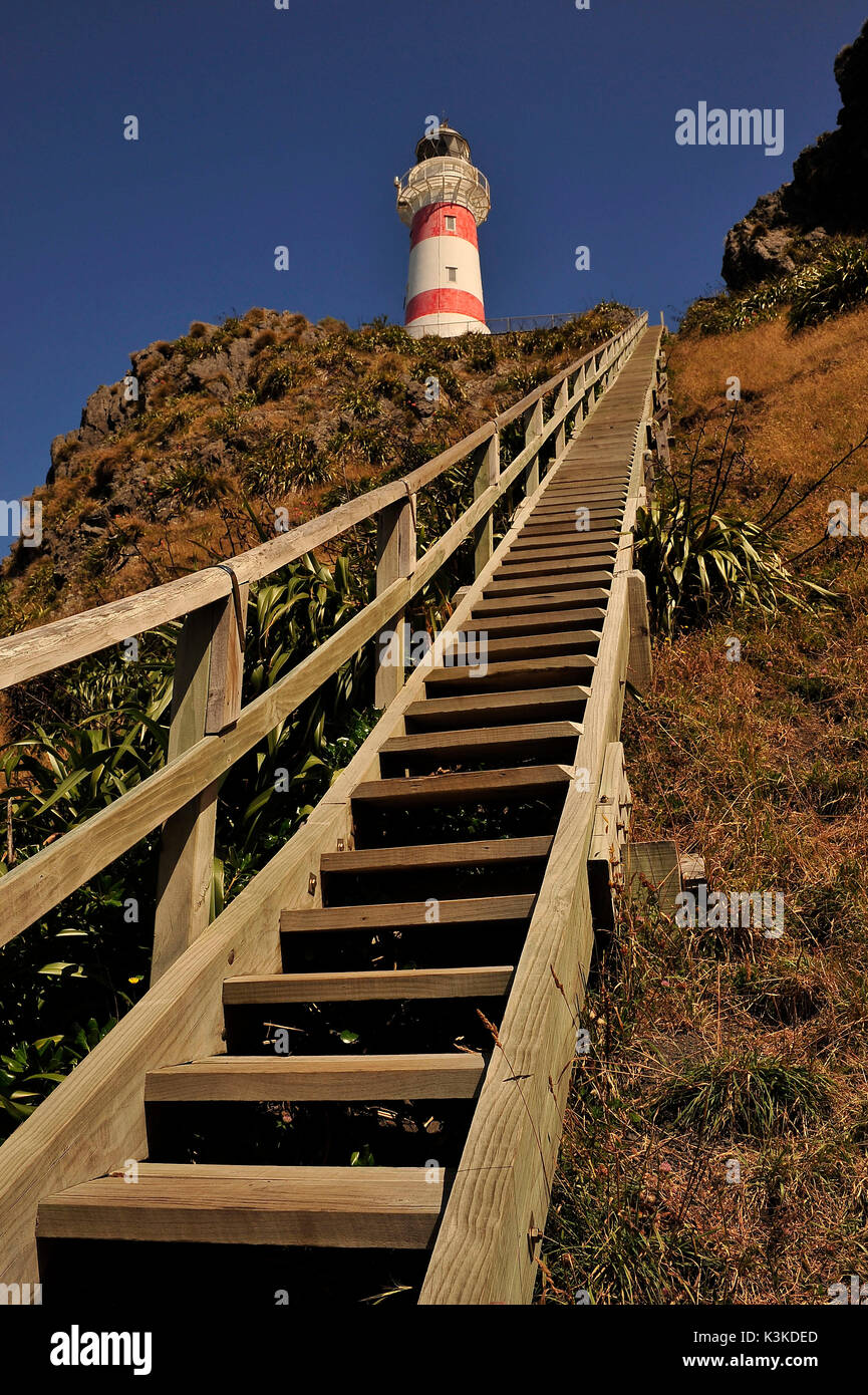 Steep steps to the lighthouse of cape Palliser in the south end of the north island of New Zealand. Stock Photo