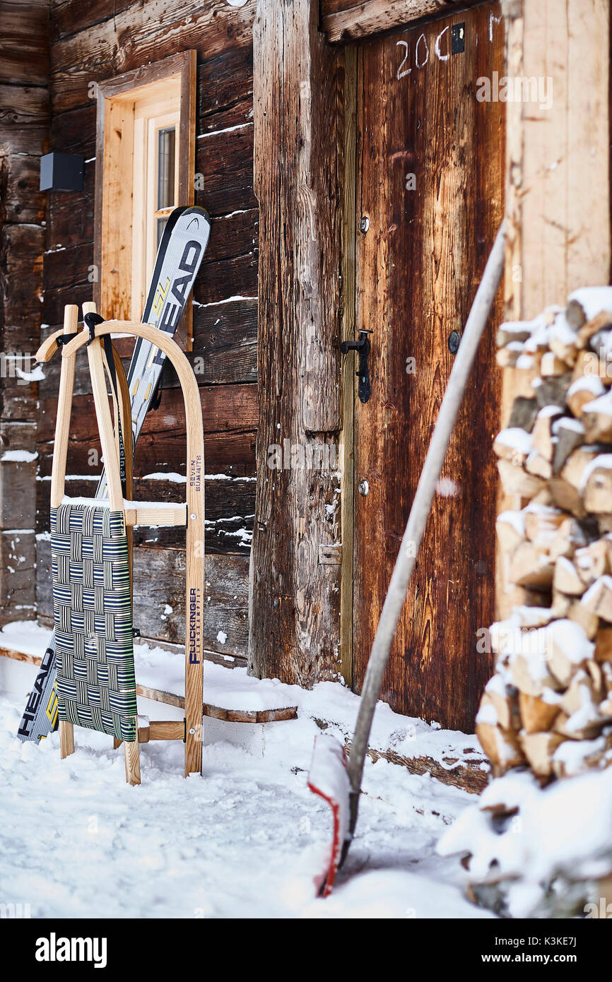 old farm door, ski, slide, snow shovel, snowfall, Stock Photo