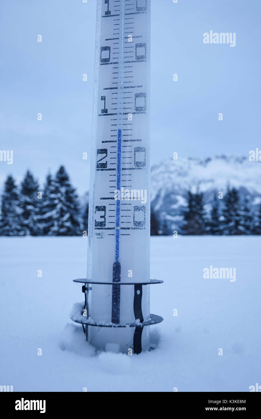 large thermometer puts in the snow, frost, cold, mountains, winters Stock Photo