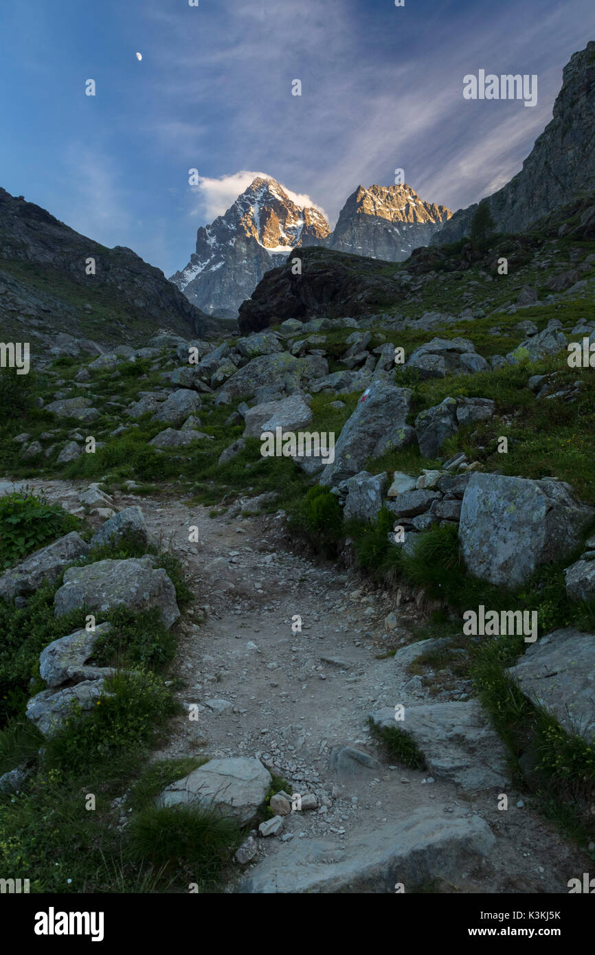 The trail to Lago Fiorenza and Monviso, Crissolo, Po' Valley, Cuneo District, Piedmont, Italy. Stock Photo