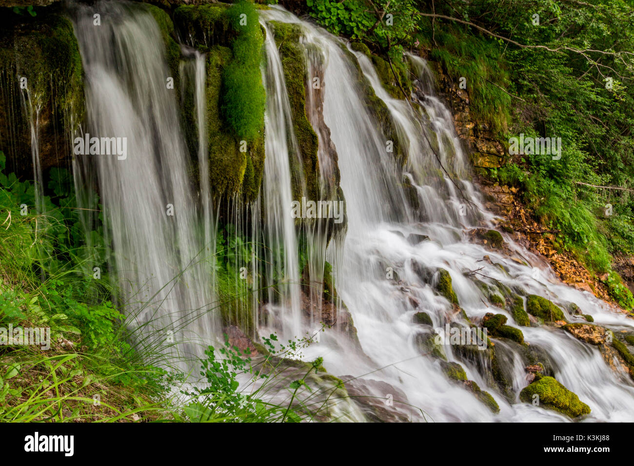 Ephemeral waterfall in the valley of San Lucano, Agordino, Dolomites. The water seems to flow from the heart of the mountain. All around the green moss and plants characteristic of wetlands. Stock Photo