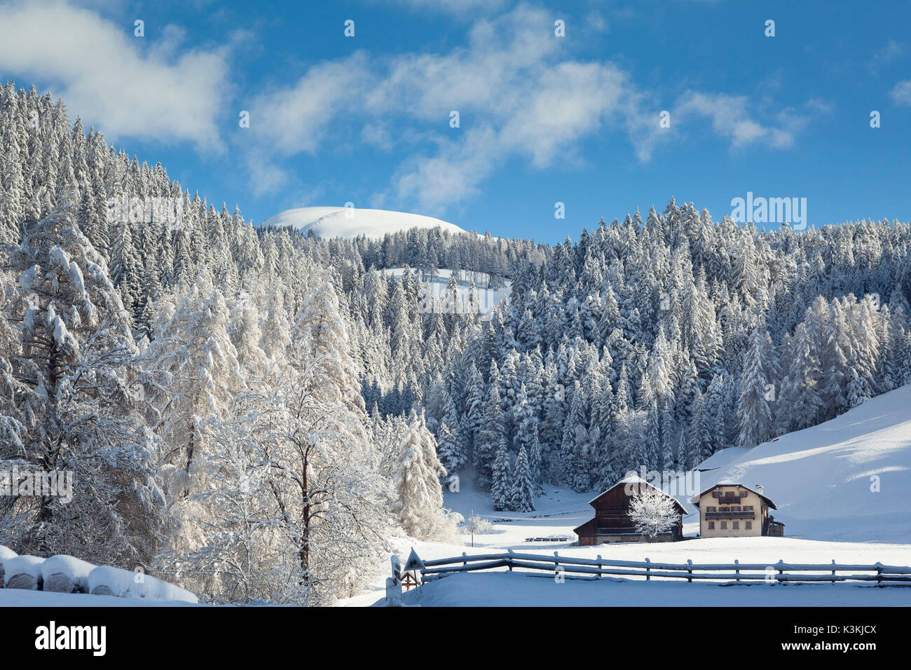 a view of a typical Villnöss surroundings after a snowfall with an old farmstead in the background, Villnöss, Bolzano province, South Tyrol, Trentino Alto Adige, Italy, Europe Stock Photo