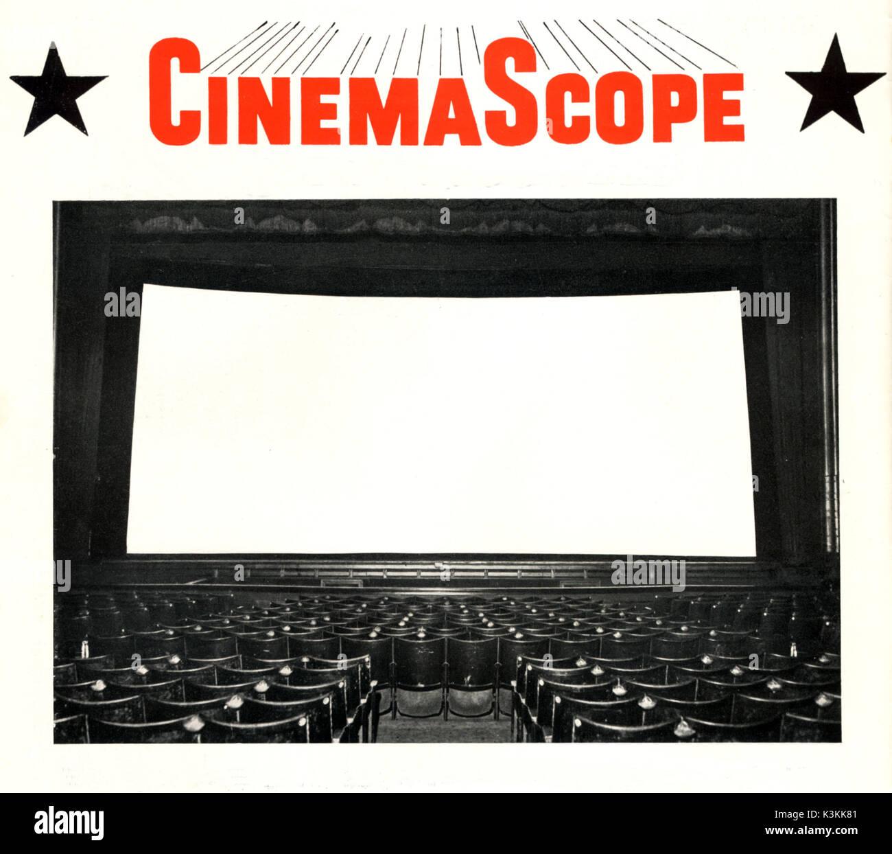 A  'Miracle Mirror' CinemaScope screen specially installed in the Odeon Cinema, Tottenham Court Road, London. for the first demonstrations of the new panoramic screen CinemaScope process. The cinema,  has since been demolished. This photo dates from the time of the first demonstrations (1953). Note how the screen is tilted back to meet more squarely the projection beam coming from high up at the back of the cinema. Stock Photo